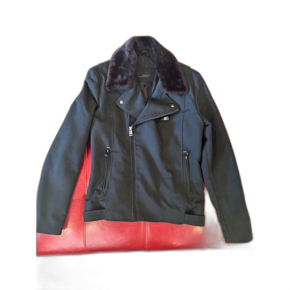 Zara Man Forest Green Moto Jacket with Faux Fur Collar